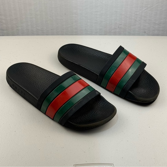 Gucci Black Slides Red Green Web Sandals Men’s Size 8 Luxury Classic Preppy - Picture 5 of 14
